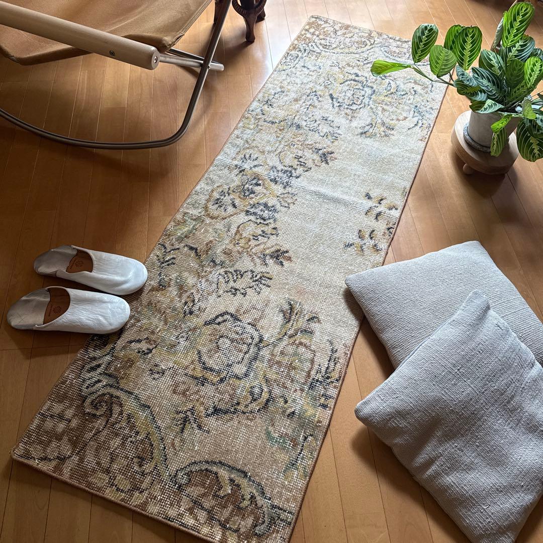 54×165 ロングランナーラグ　ベージュボタニカル　トルコヴィンテージラグ