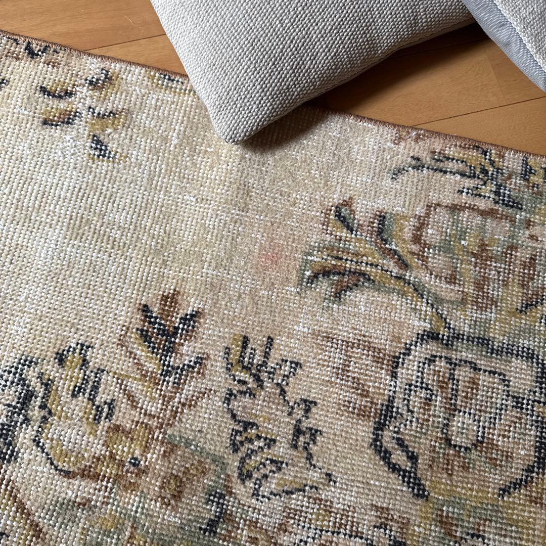 54×165 ロングランナーラグ　ベージュボタニカル　トルコヴィンテージラグ