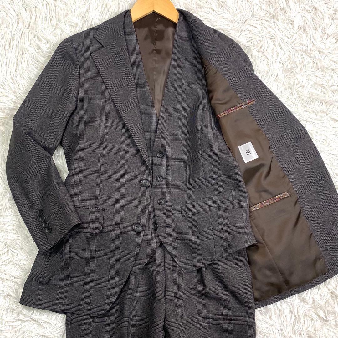 未使用級✨洗える✨防シワ 3ピースセットアップスーツ グレンチェック ペイズリー