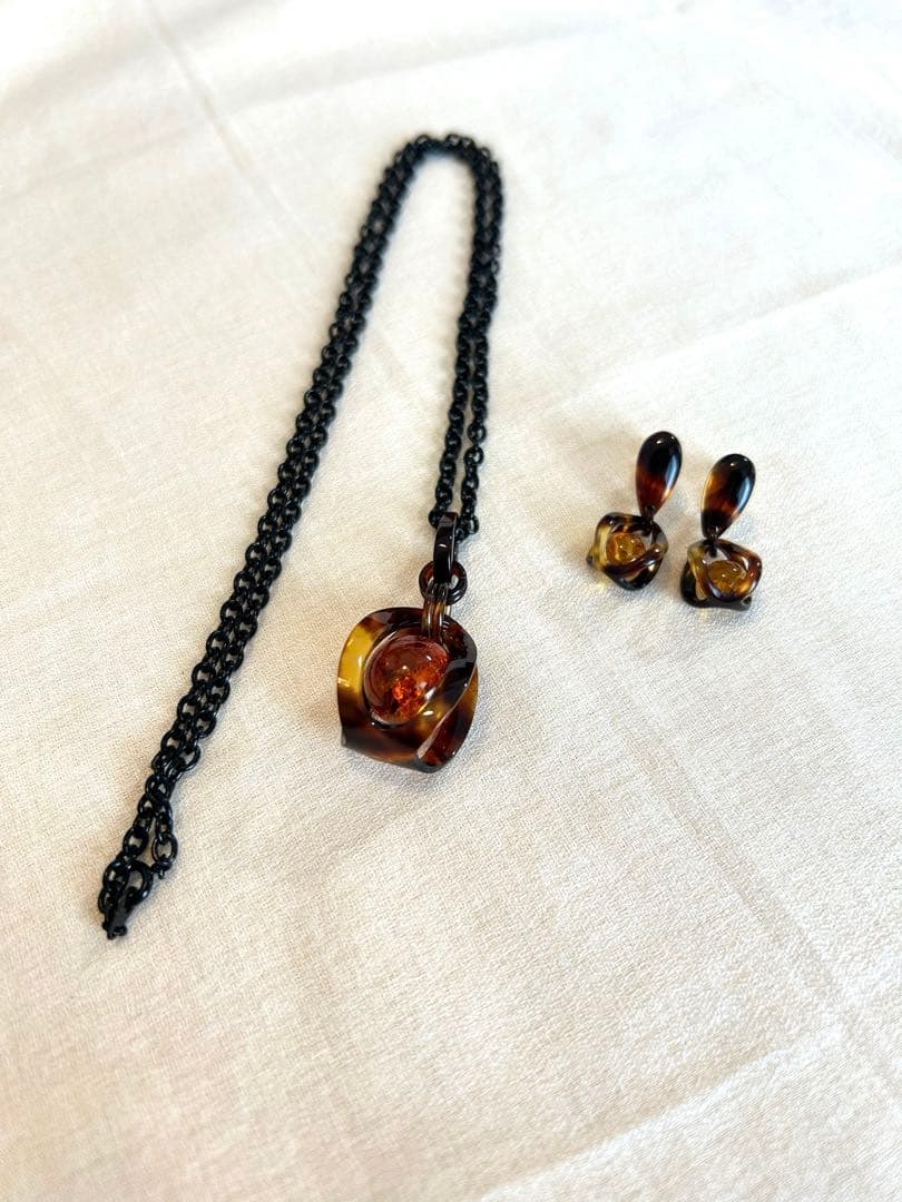 琥珀　べっ甲　ペンダント　イヤリング　セット