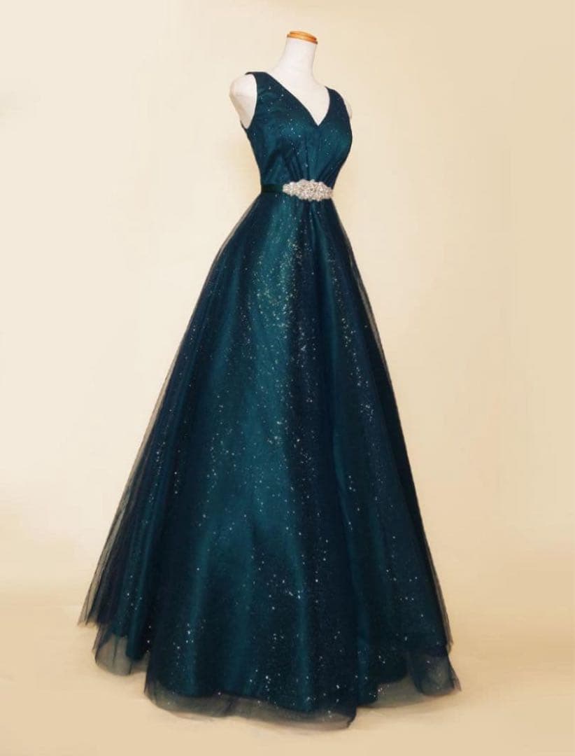 ⭐︎アミ美品☆ダークグリーン Aラインドレス ビジュー付き　演奏会