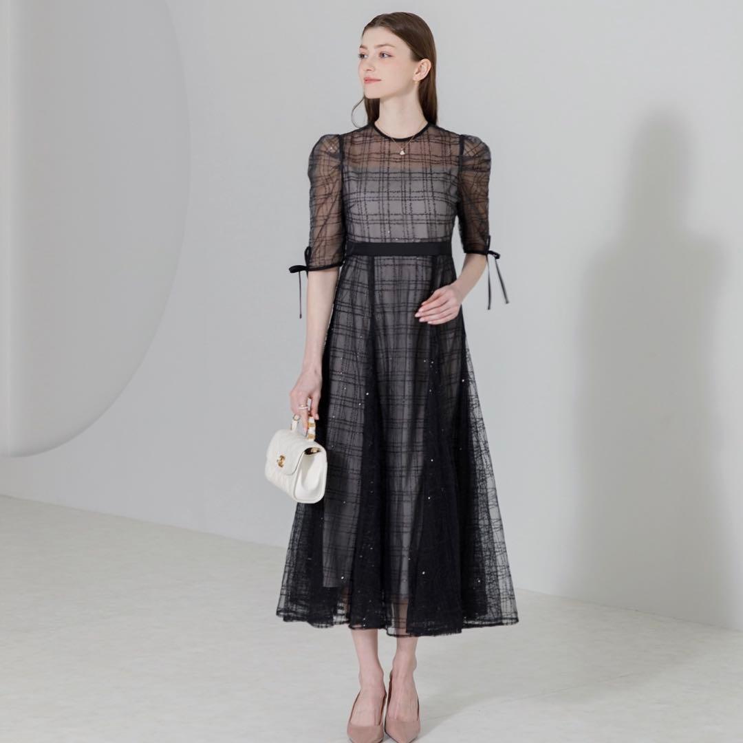 Leja チェック刺繍スパンコールチュール素材袖リボンワンピース