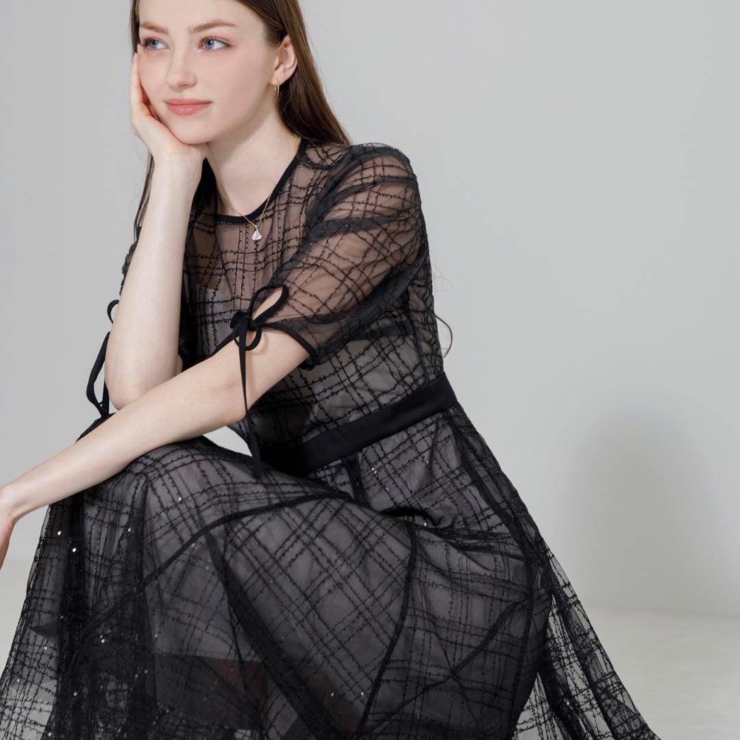 Leja チェック刺繍スパンコールチュール素材袖リボンワンピース