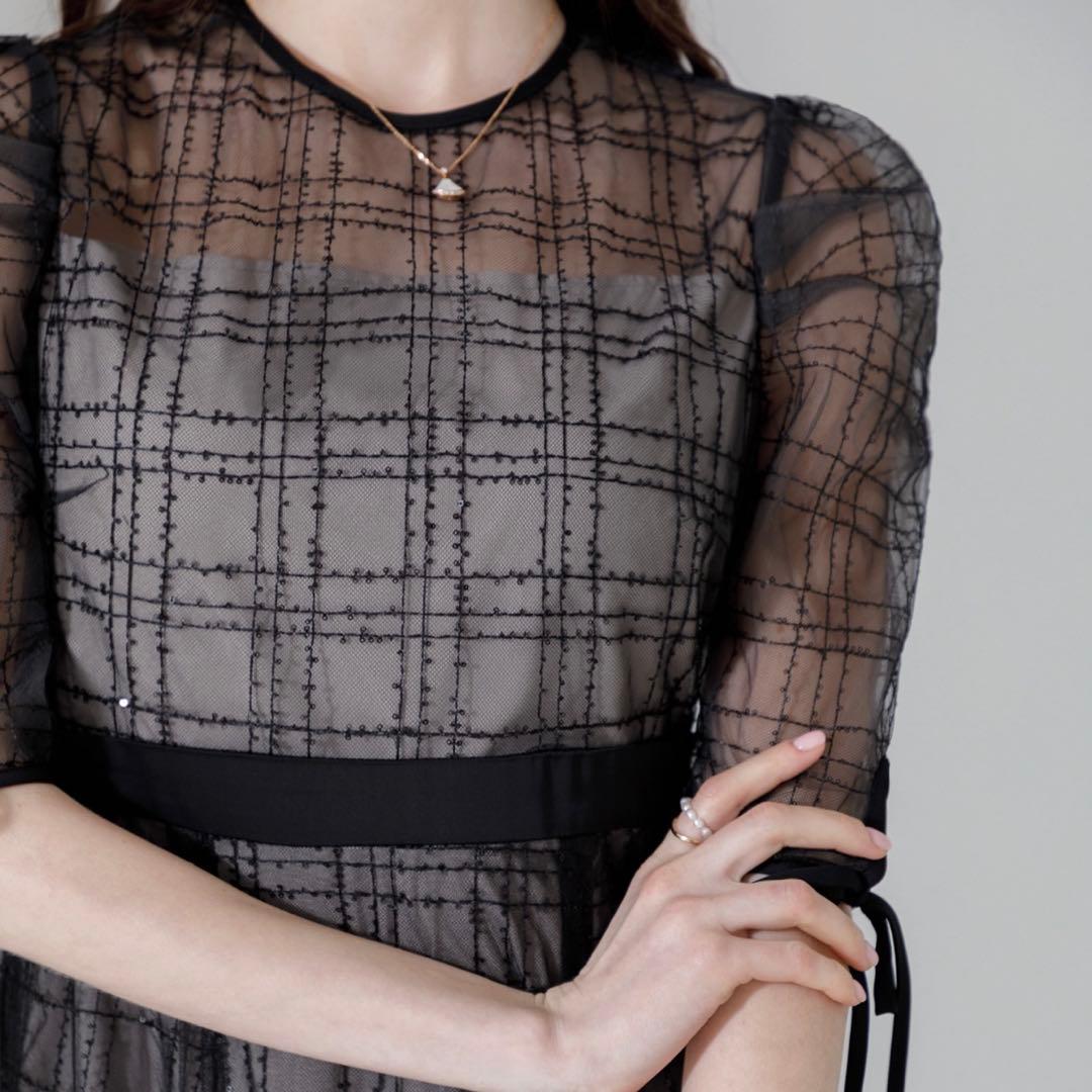 Leja チェック刺繍スパンコールチュール素材袖リボンワンピース