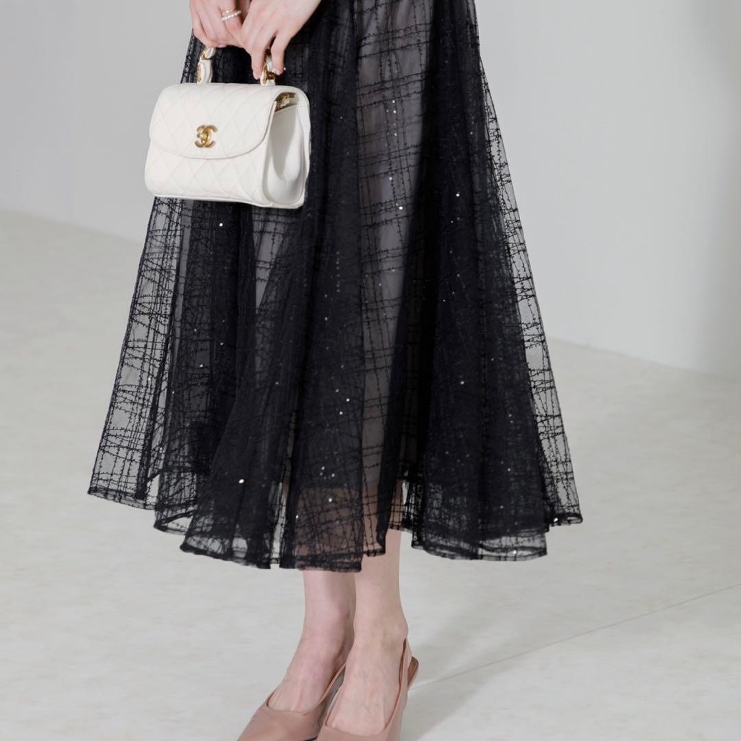 Leja チェック刺繍スパンコールチュール素材袖リボンワンピース