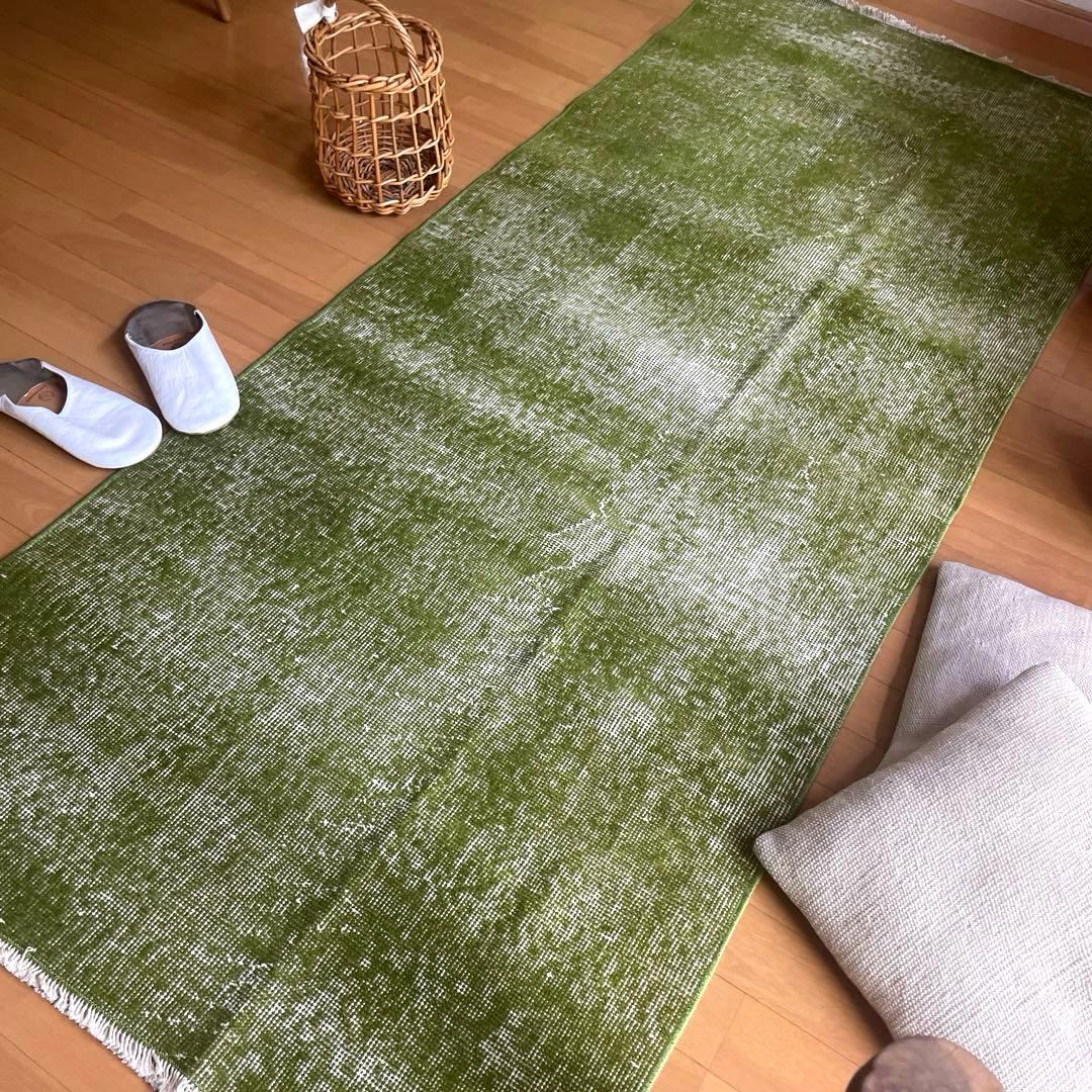 86×209抹茶グリーン　ワンカラーオーバーダイ　匂いありトルコヴィンテージラグ