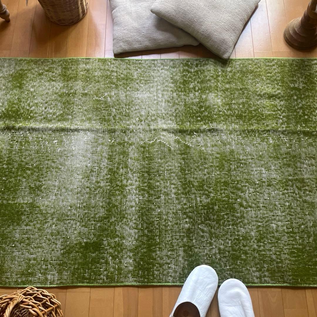 86×209抹茶グリーン　ワンカラーオーバーダイ　匂いありトルコヴィンテージラグ