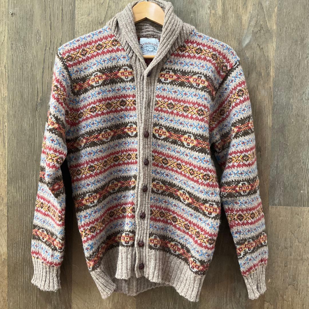 Jamieson's スコットランド製 フェアアイル柄シェットランドニットカーデ