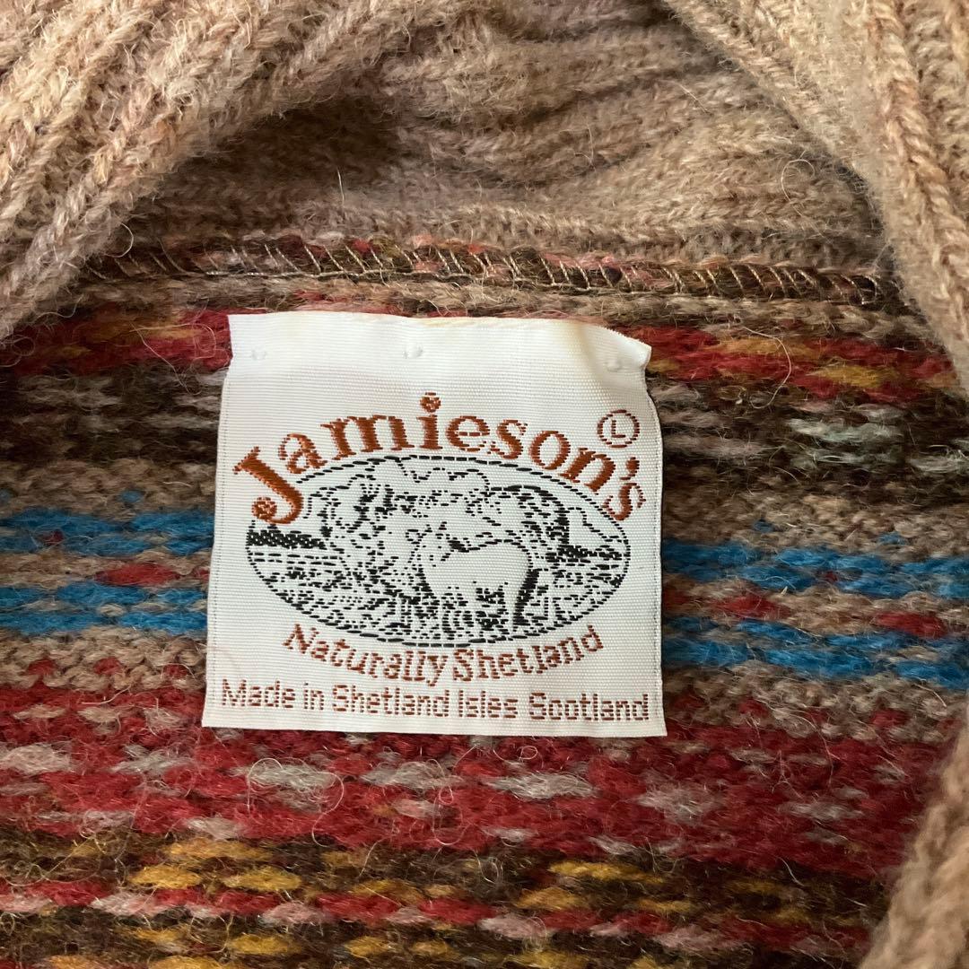Jamieson's スコットランド製 フェアアイル柄シェットランドニットカーデ
