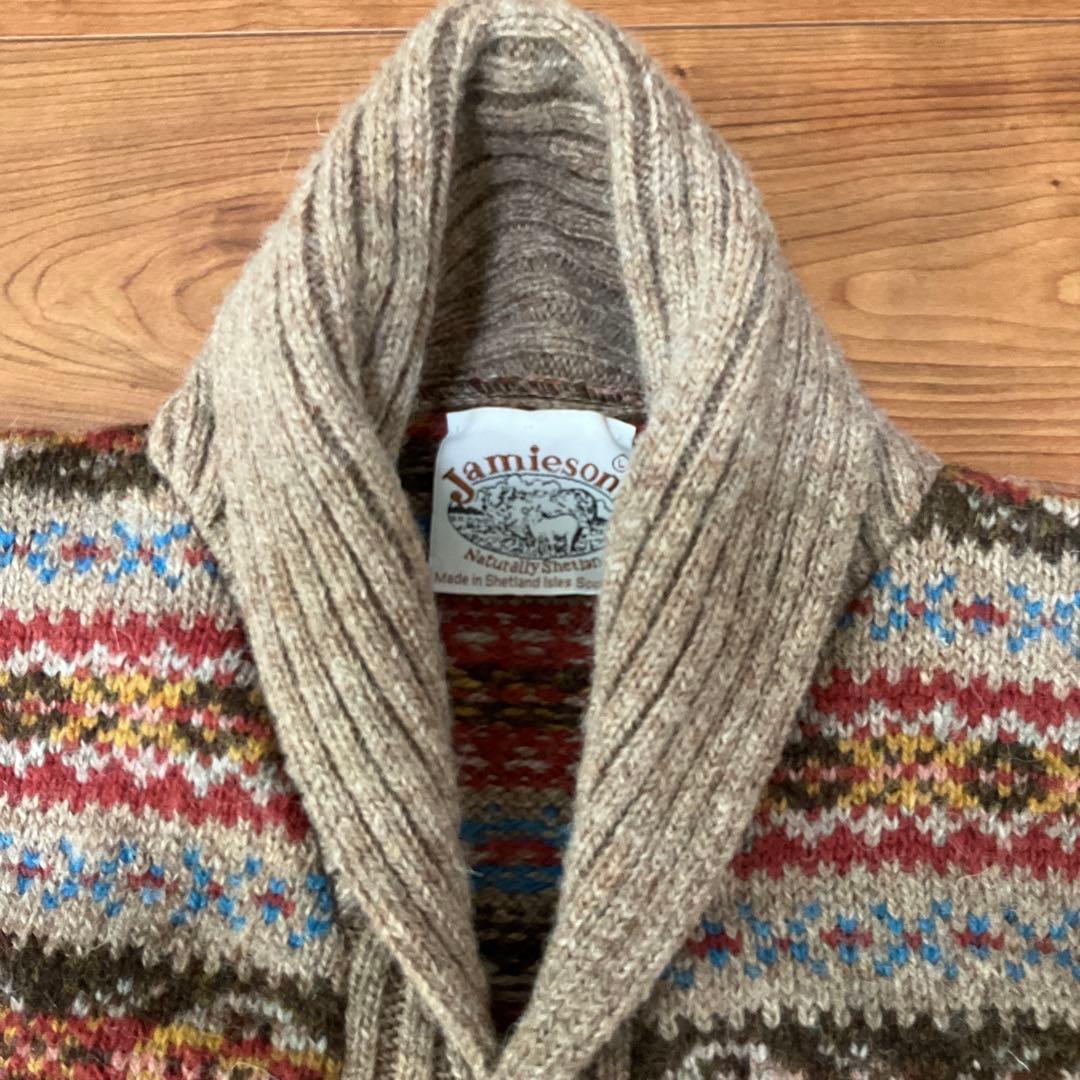 Jamieson's スコットランド製 フェアアイル柄シェットランドニットカーデ