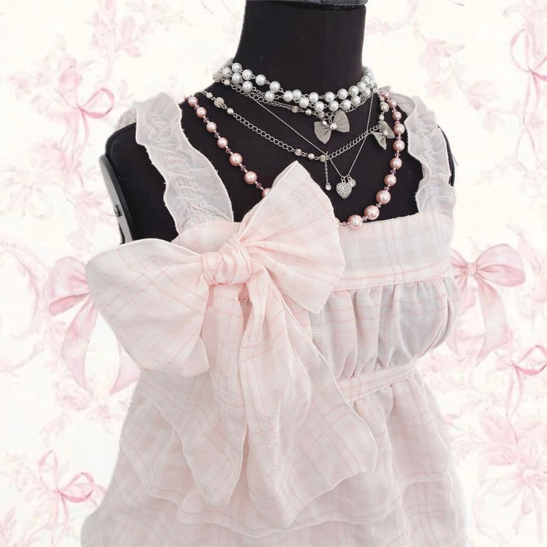 y2k LIZLISA チェック リボン チュニック ティアード キャミソール