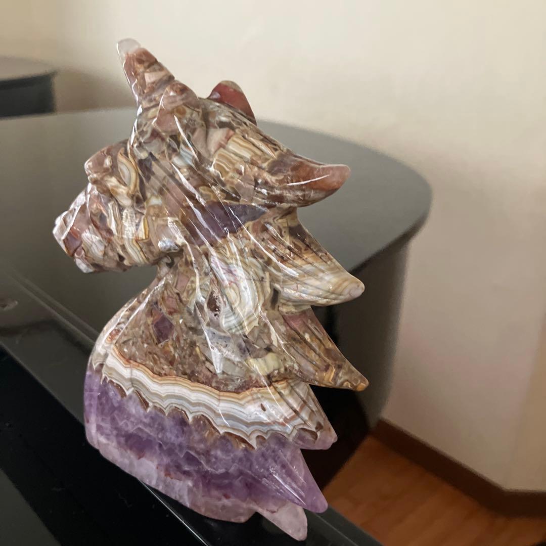 特大！メキシコアゲートとアメジストの共生　ユニコーン　ペガサス　天然石置物