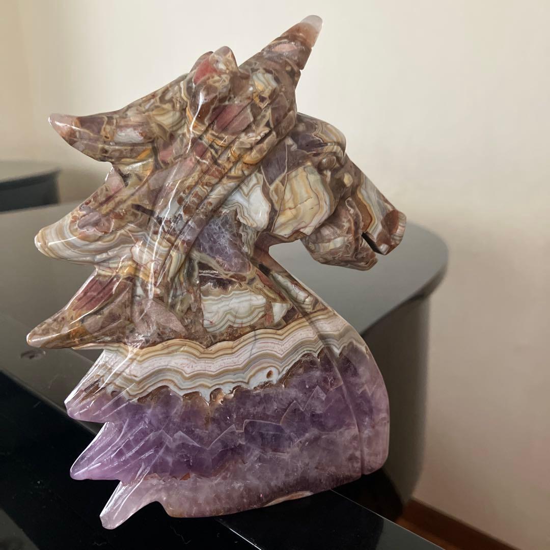 特大！メキシコアゲートとアメジストの共生　ユニコーン　ペガサス　天然石置物