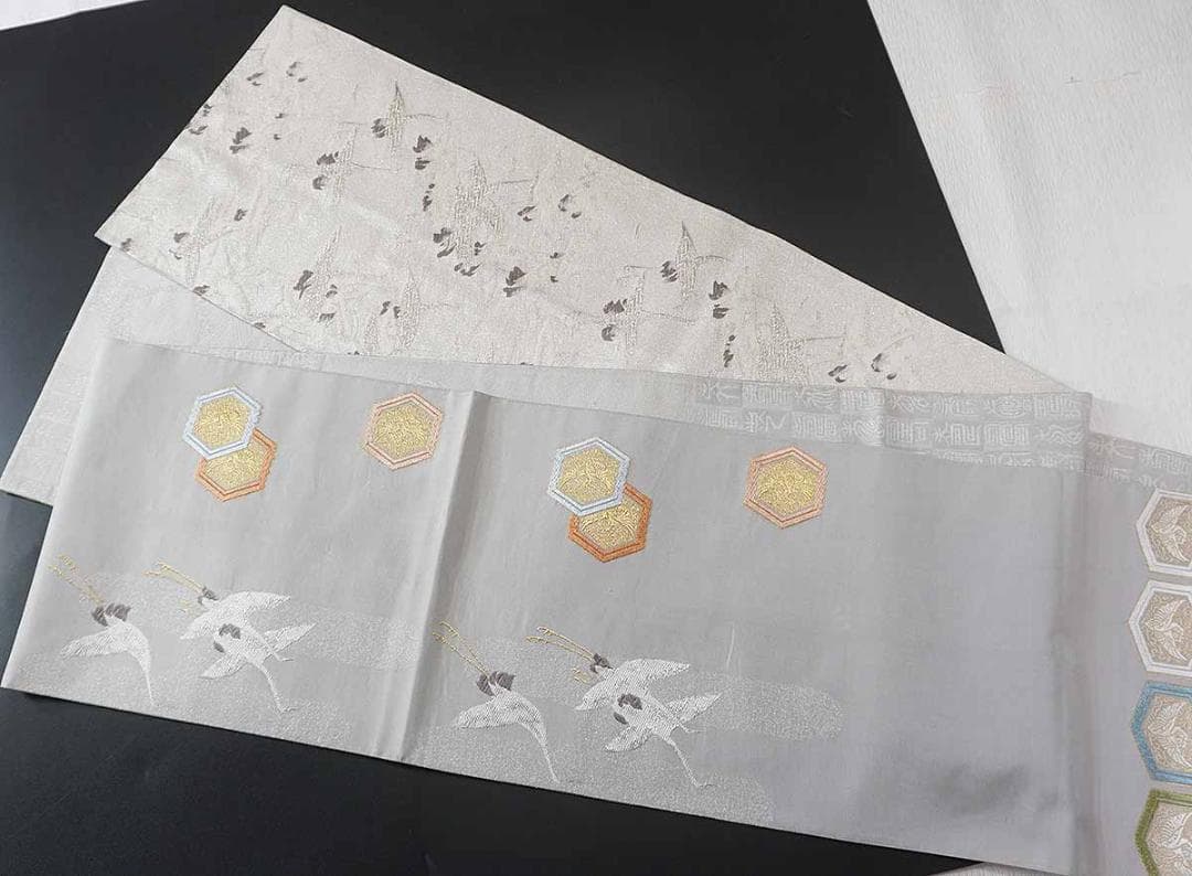 鶴　正絹袋帯　両面使い　銀　フォーマル　a813