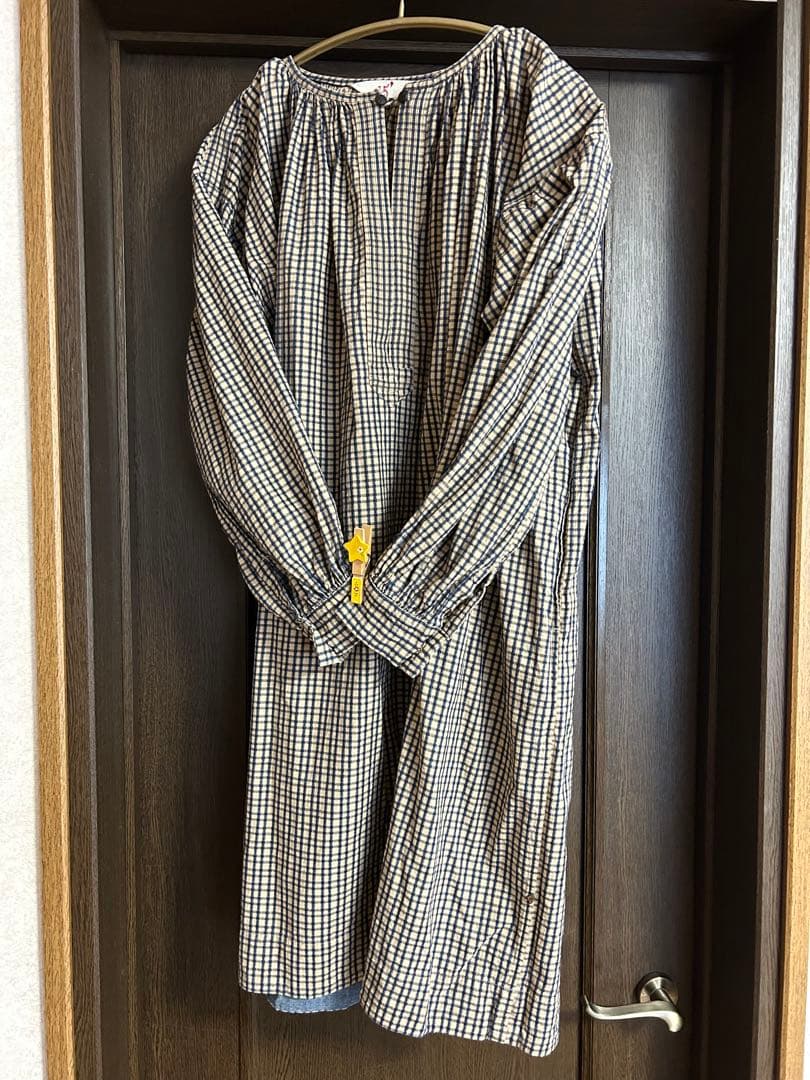 45rpmインディゴ格子柄　コットンギャザーワンピース