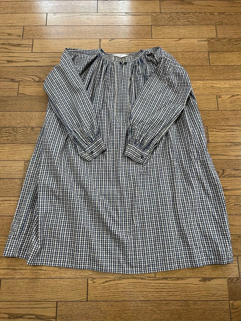 45rpmインディゴ格子柄　コットンギャザーワンピース