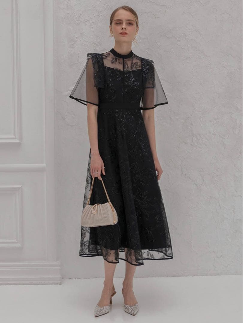 フラップデザインフラワースパンコールAラインワンピースドレス結婚式二次会成人式