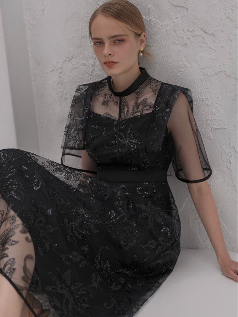 フラップデザインフラワースパンコールAラインワンピースドレス結婚式二次会成人式