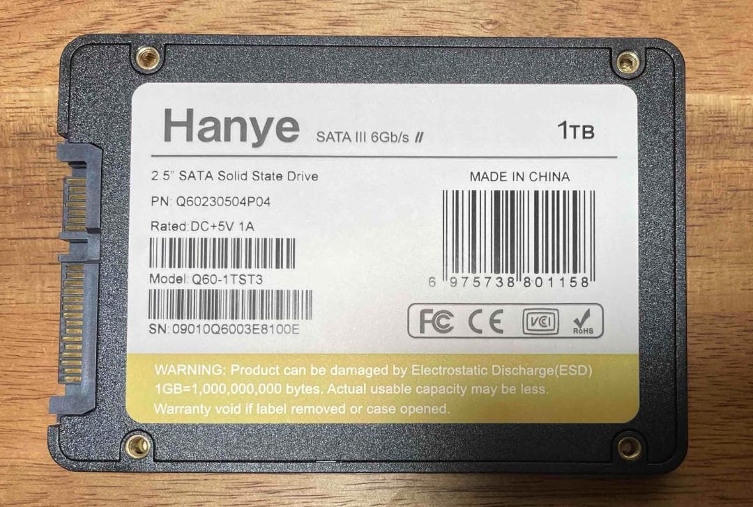 Hanye 2.5インチ SATA SSD 1TB 使用時間186時間
