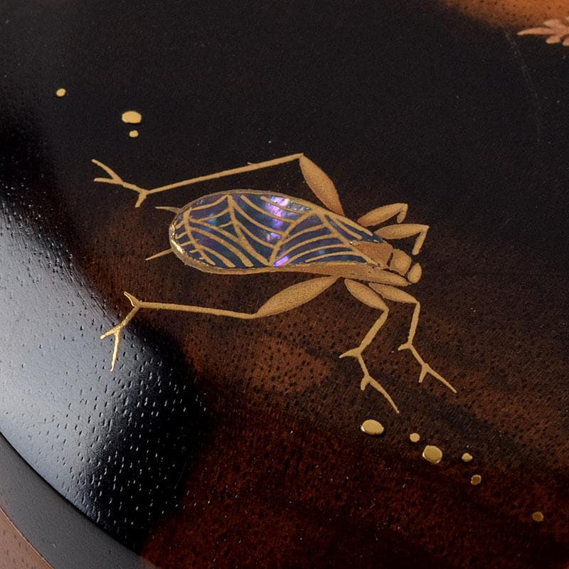 茶道具　輪島塗　北浜宗貴作　黒柿　螺鈿装飾　萩に鈴虫蒔絵　香合　共箱　V9157