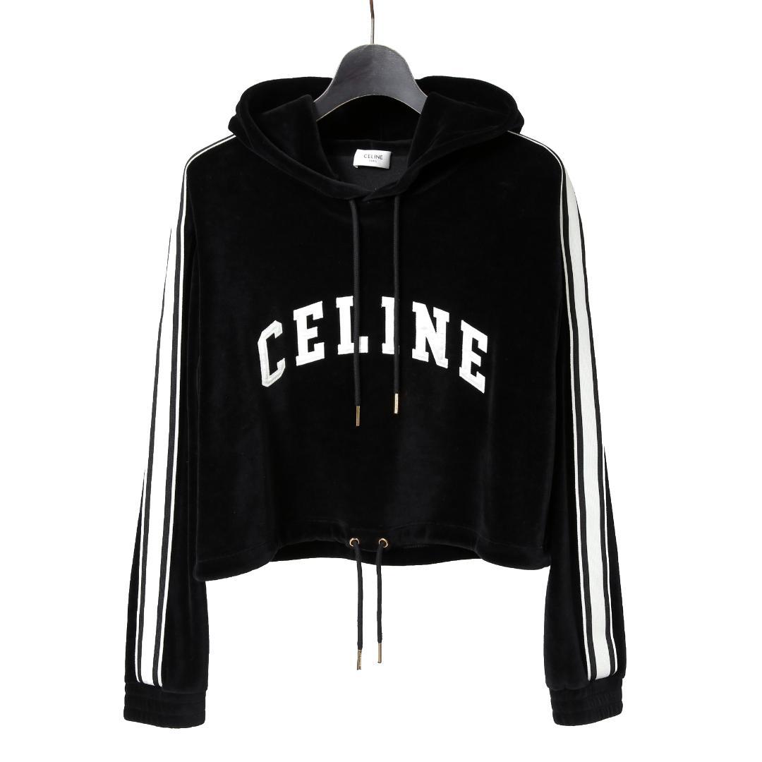 CELINE 2024AW ロゴ パッチ ベルベット プルオーバー パーカー