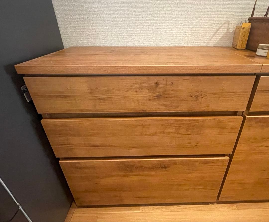 引っ越し処分！大川家具キッチンカウンターパイン色　引き出しCube series