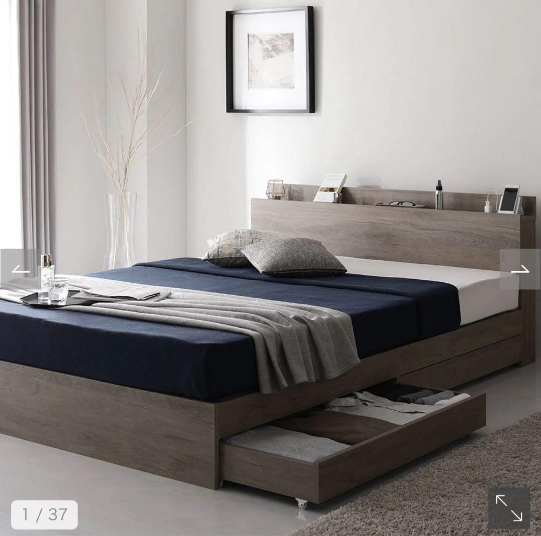 Serest 引き出し収納付きダブルベッド　グレージュ＋ポケットコイルマットレス