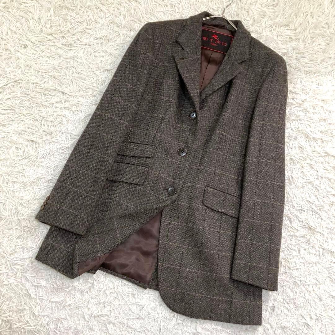 17540✨エトロ 44 キャメル テーラードジャケット チェック ツイード