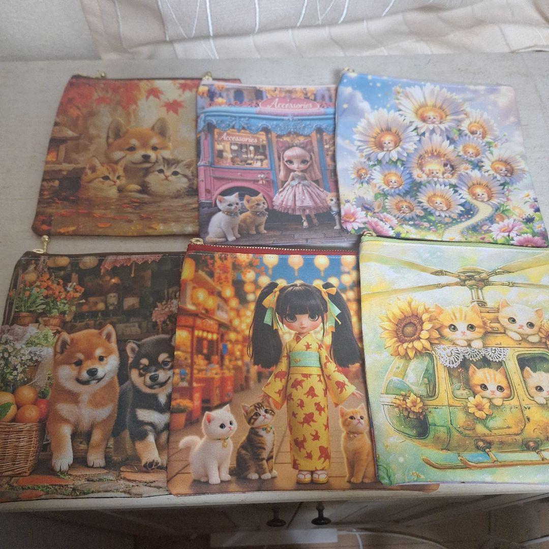 激レアねこパネル生地　ハンドメイド　まちなしバッグ　ミニバック　ポーチ