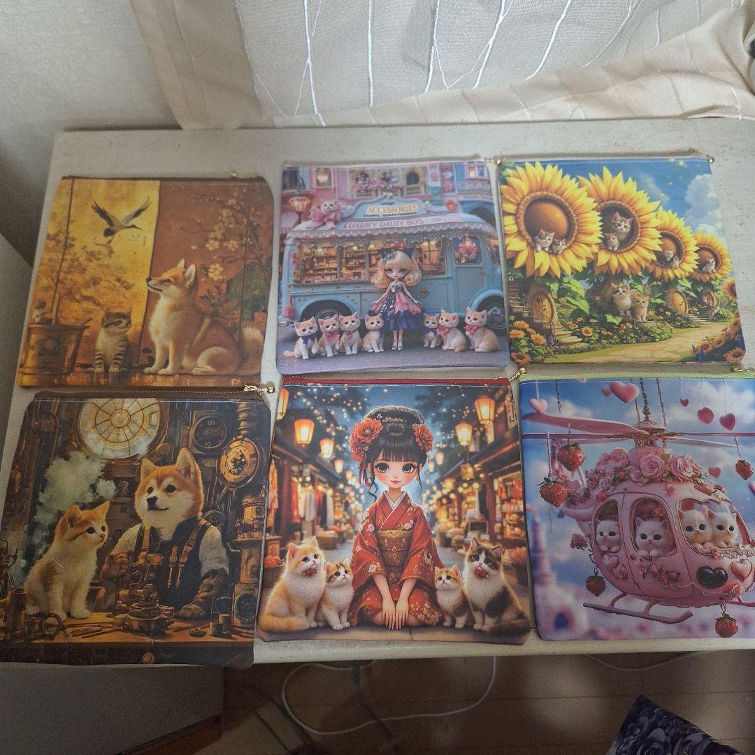 激レアねこパネル生地　ハンドメイド　まちなしバッグ　ミニバック　ポーチ