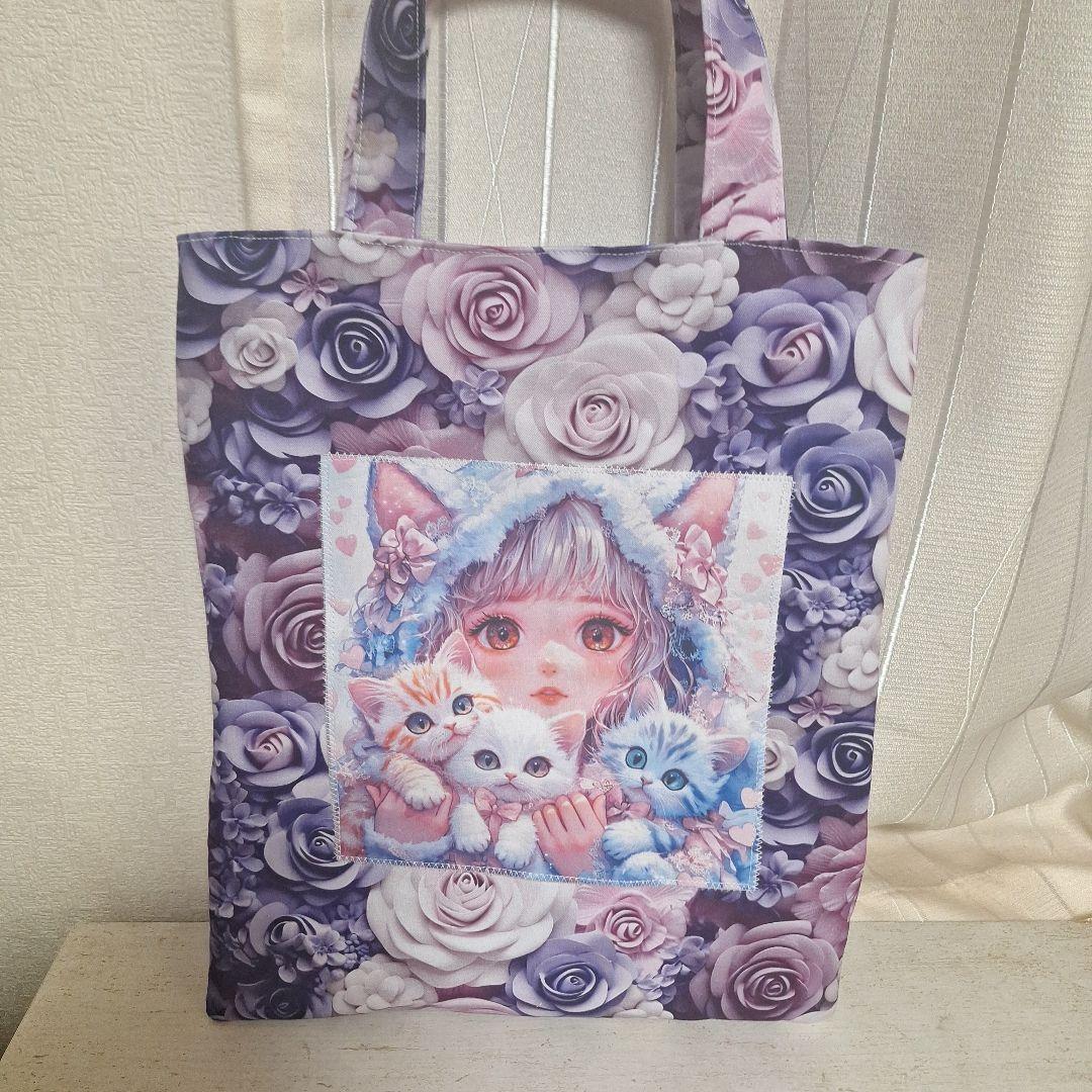 激レアねこパネル生地　ハンドメイド　まちなしバッグ　ミニバック　ポーチ