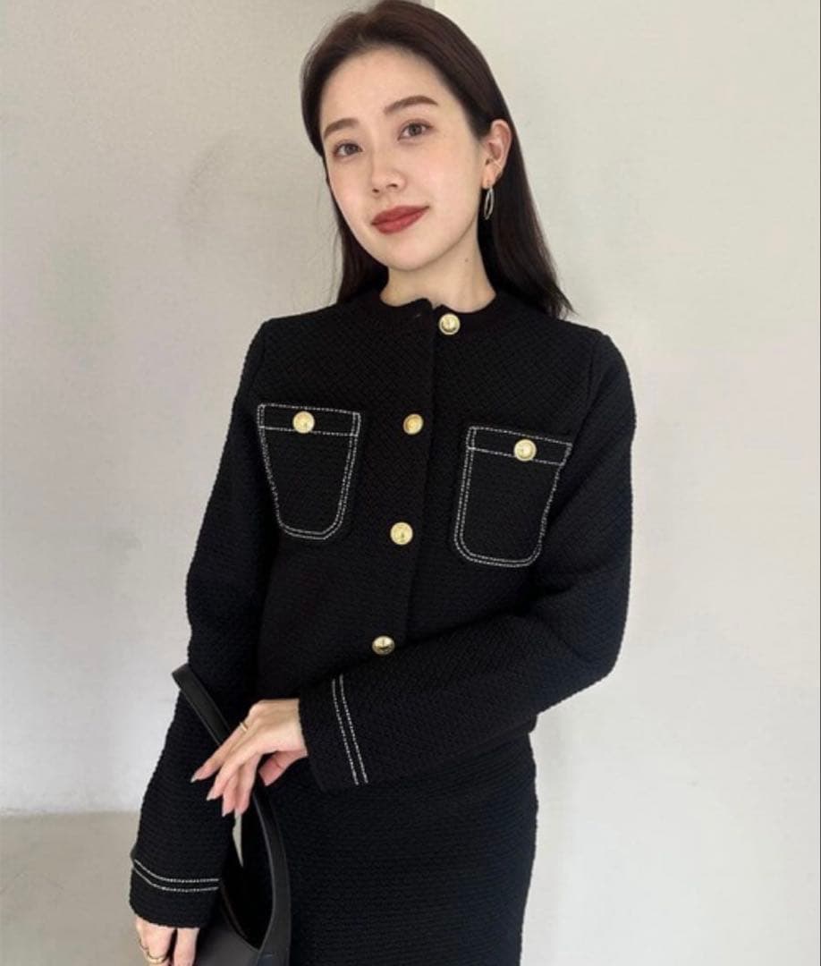 anuans ノーカラーニットジャケット　ブラック