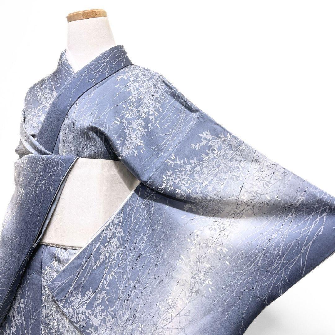 小紋　ぼかし　リーフ模様　木々　くすみブルー　着物　123b p ms