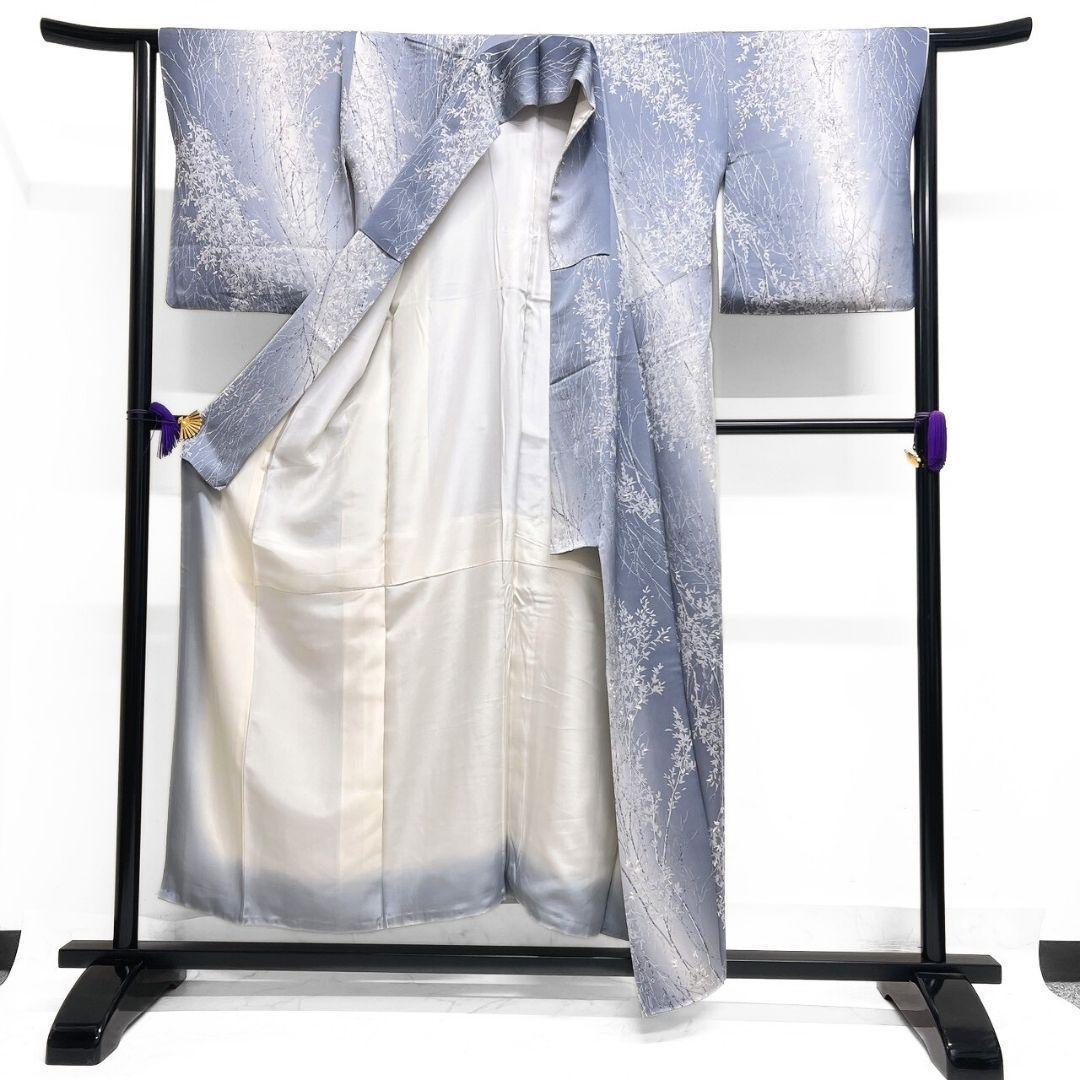 小紋　ぼかし　リーフ模様　木々　くすみブルー　着物　123b p ms