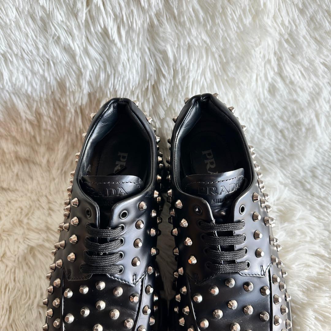 【美品】PRADA プラダ モノリス スタッズローファー 厚底 ブラック