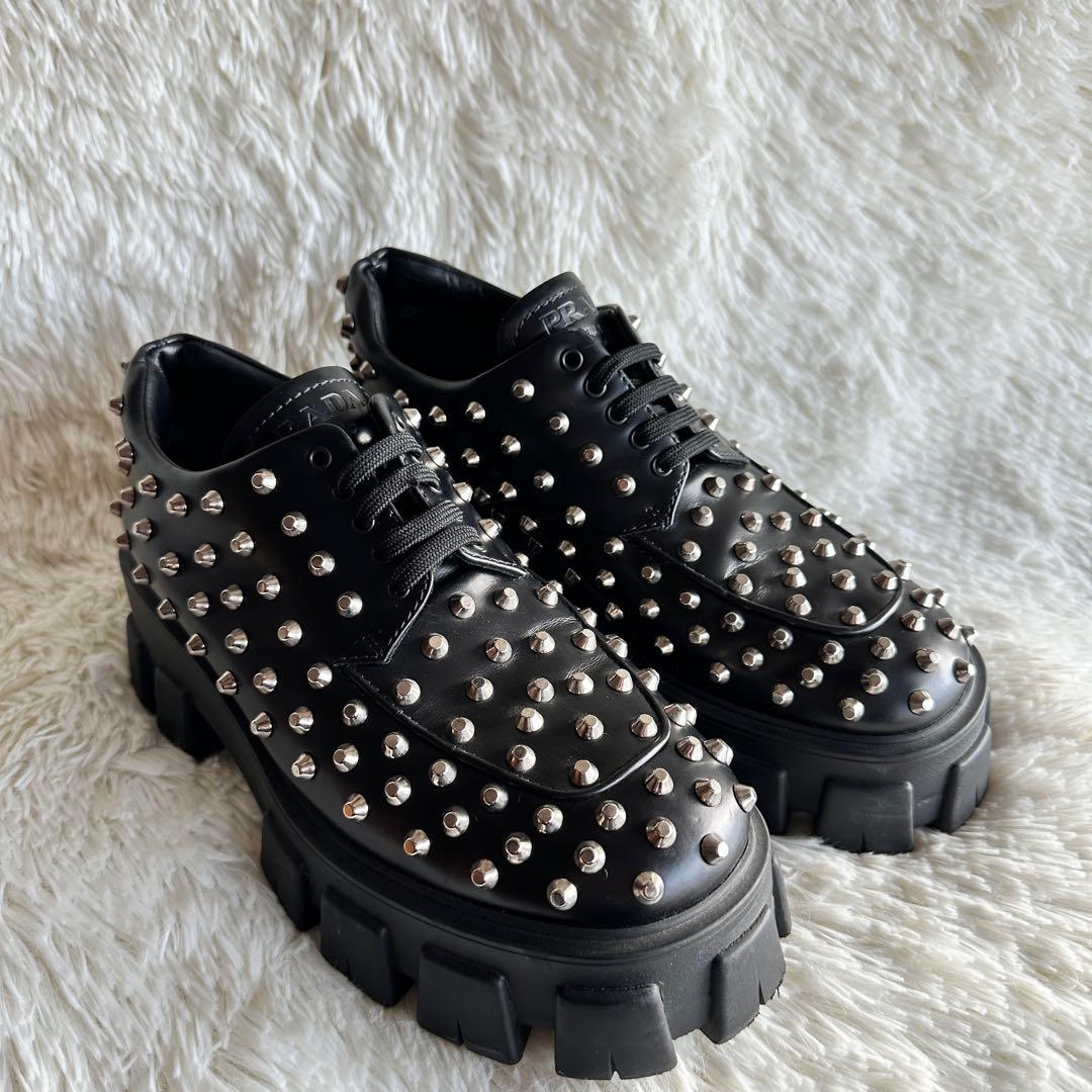 【美品】PRADA プラダ モノリス スタッズローファー 厚底 ブラック
