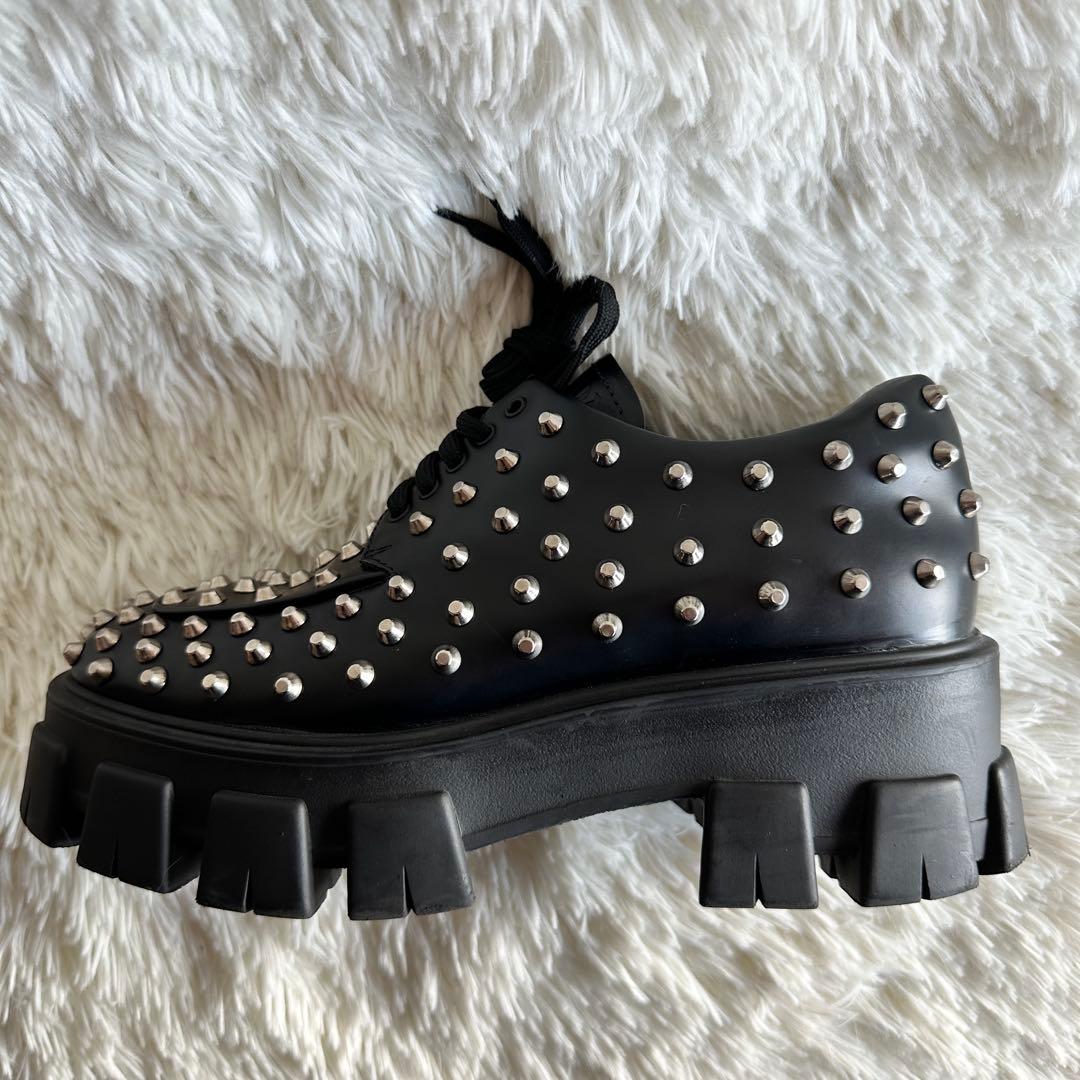 【美品】PRADA プラダ モノリス スタッズローファー 厚底 ブラック