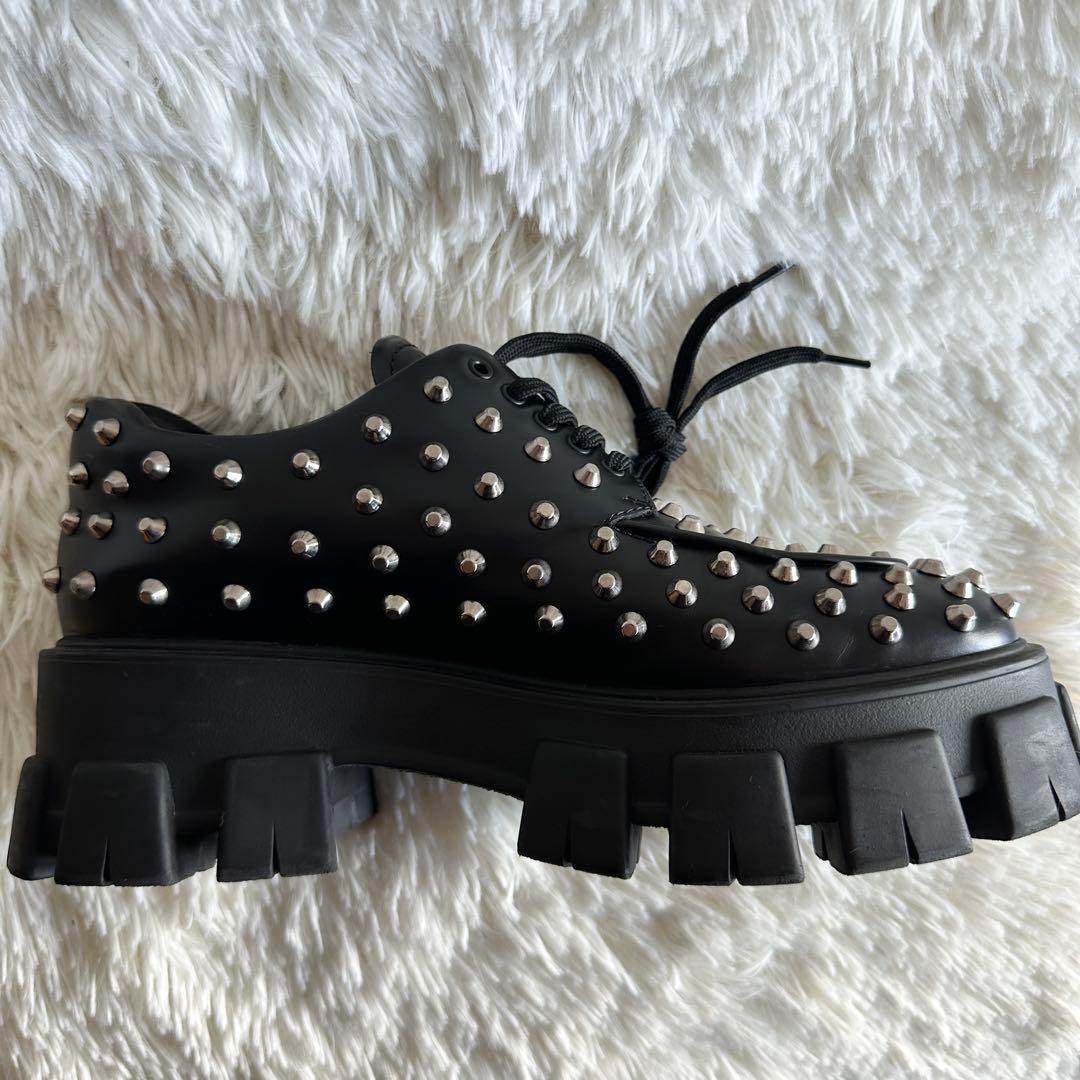 【美品】PRADA プラダ モノリス スタッズローファー 厚底 ブラック