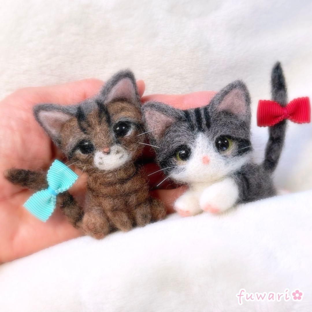リクエスト品　羊毛フェルト　猫　ちょこんと甘えんぼキジ白♡おすましキジトラセット