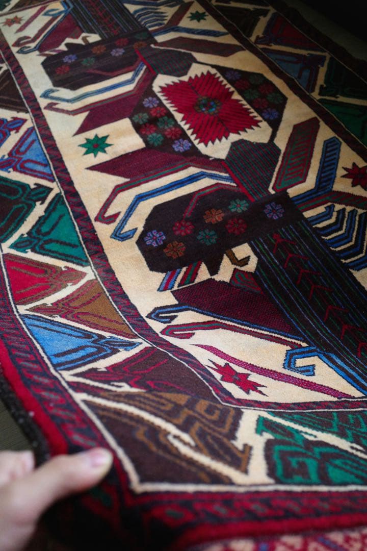 ヴィンテージラグ　トライバルラグ　バルーチ族　ウール(200×111cm)　茶