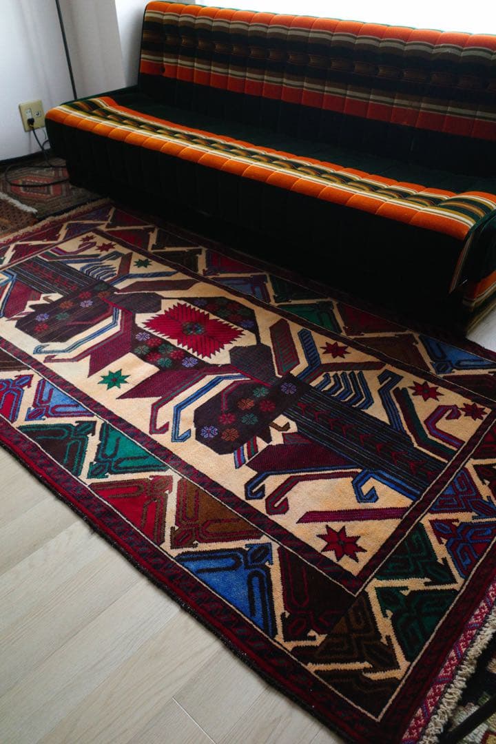 ヴィンテージラグ　トライバルラグ　バルーチ族　ウール(200×111cm)　茶