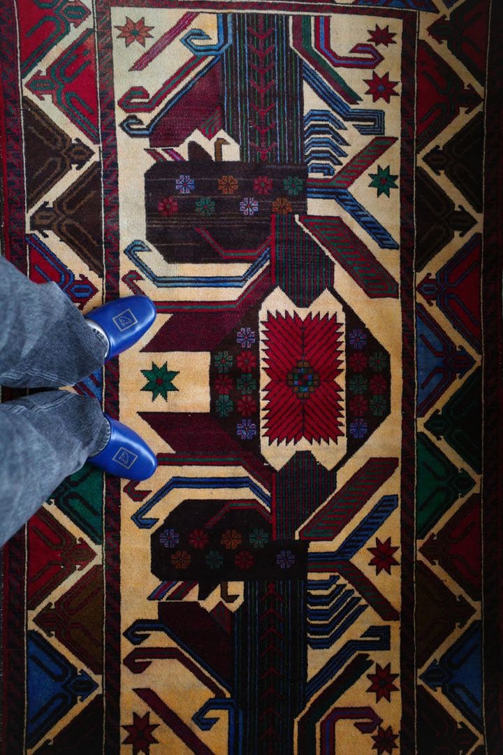 ヴィンテージラグ　トライバルラグ　バルーチ族　ウール(200×111cm)　茶