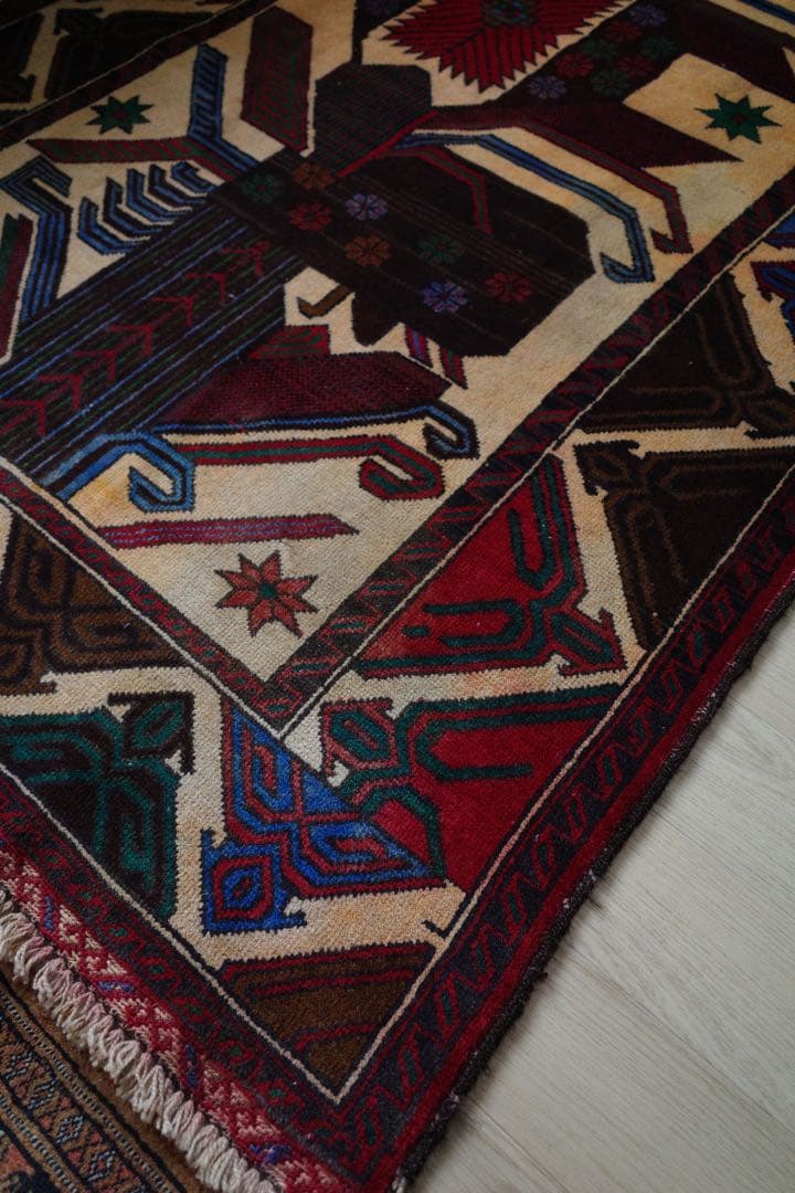 ヴィンテージラグ　トライバルラグ　バルーチ族　ウール(200×111cm)　茶