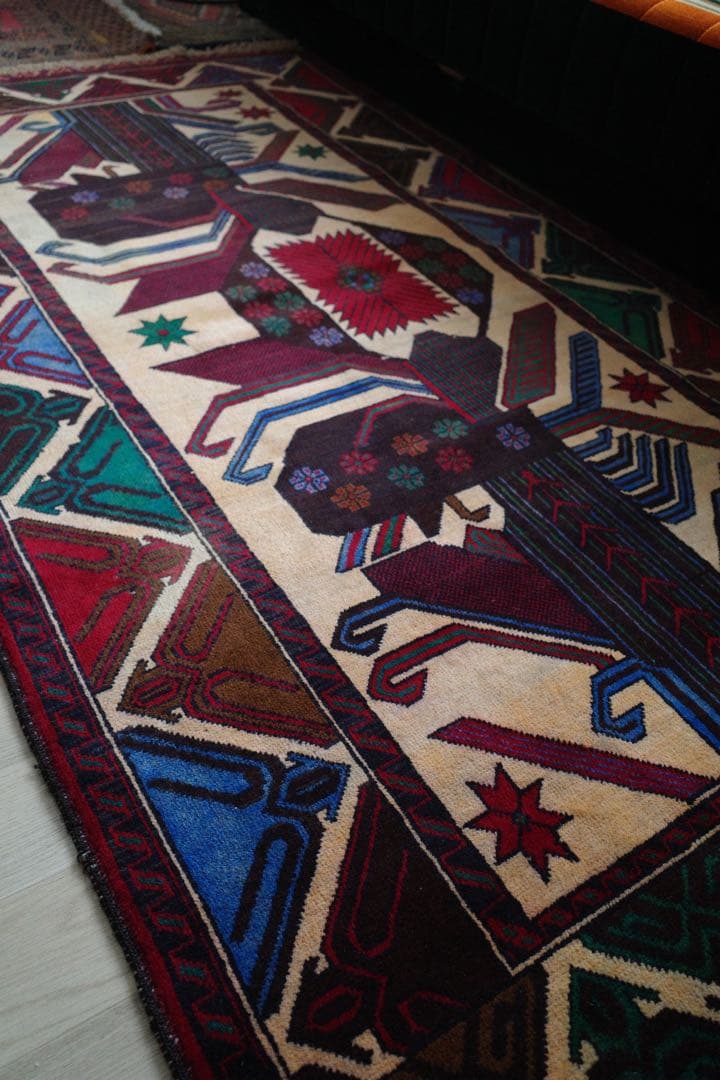 ヴィンテージラグ　トライバルラグ　バルーチ族　ウール(200×111cm)　茶