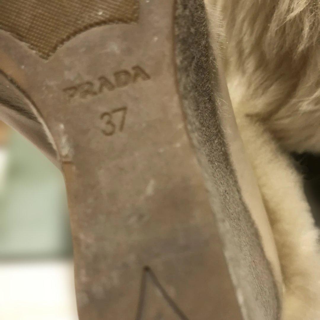 美品プラダベージュファーオープントゥウェッジブーツ