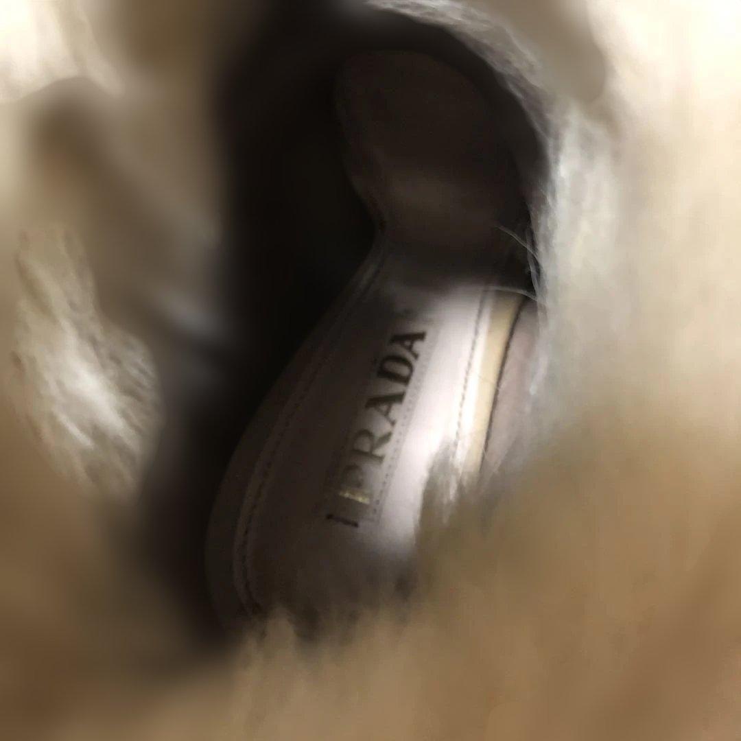 美品プラダベージュファーオープントゥウェッジブーツ