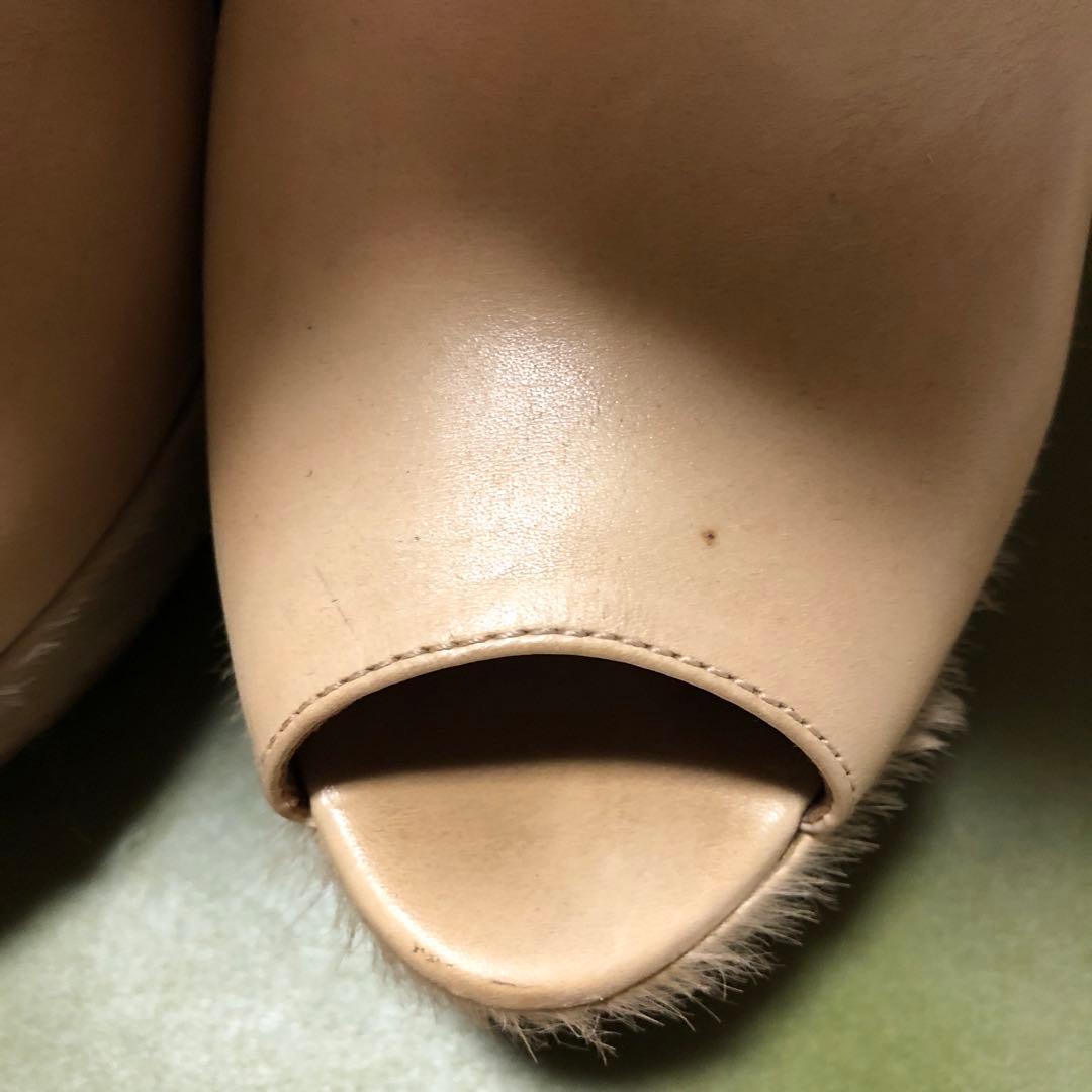 美品プラダベージュファーオープントゥウェッジブーツ