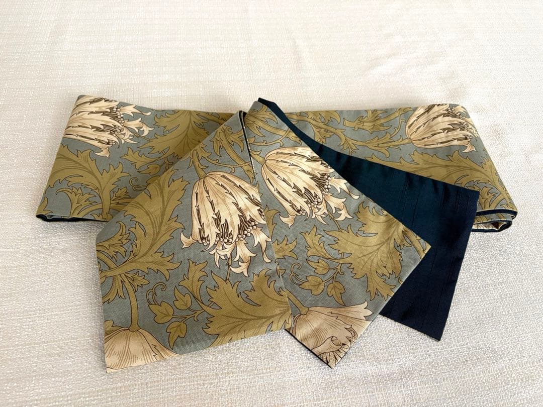 半幅帯　ウィリアムモリス　アネモネホワイト✖️正絹米沢紬　リバーシブル