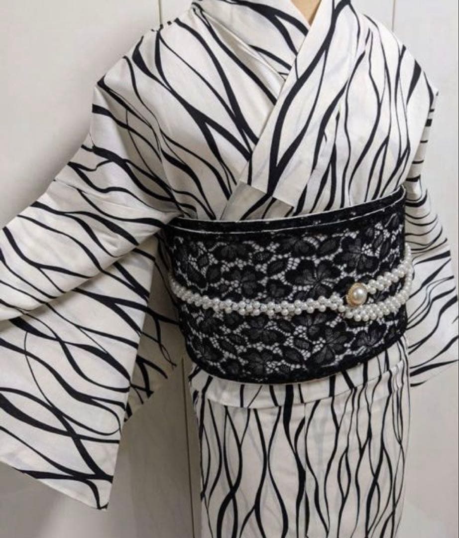 ゆかた Lサイズと、浴衣ようパール帯締めのセット ホワイト✖ブラック