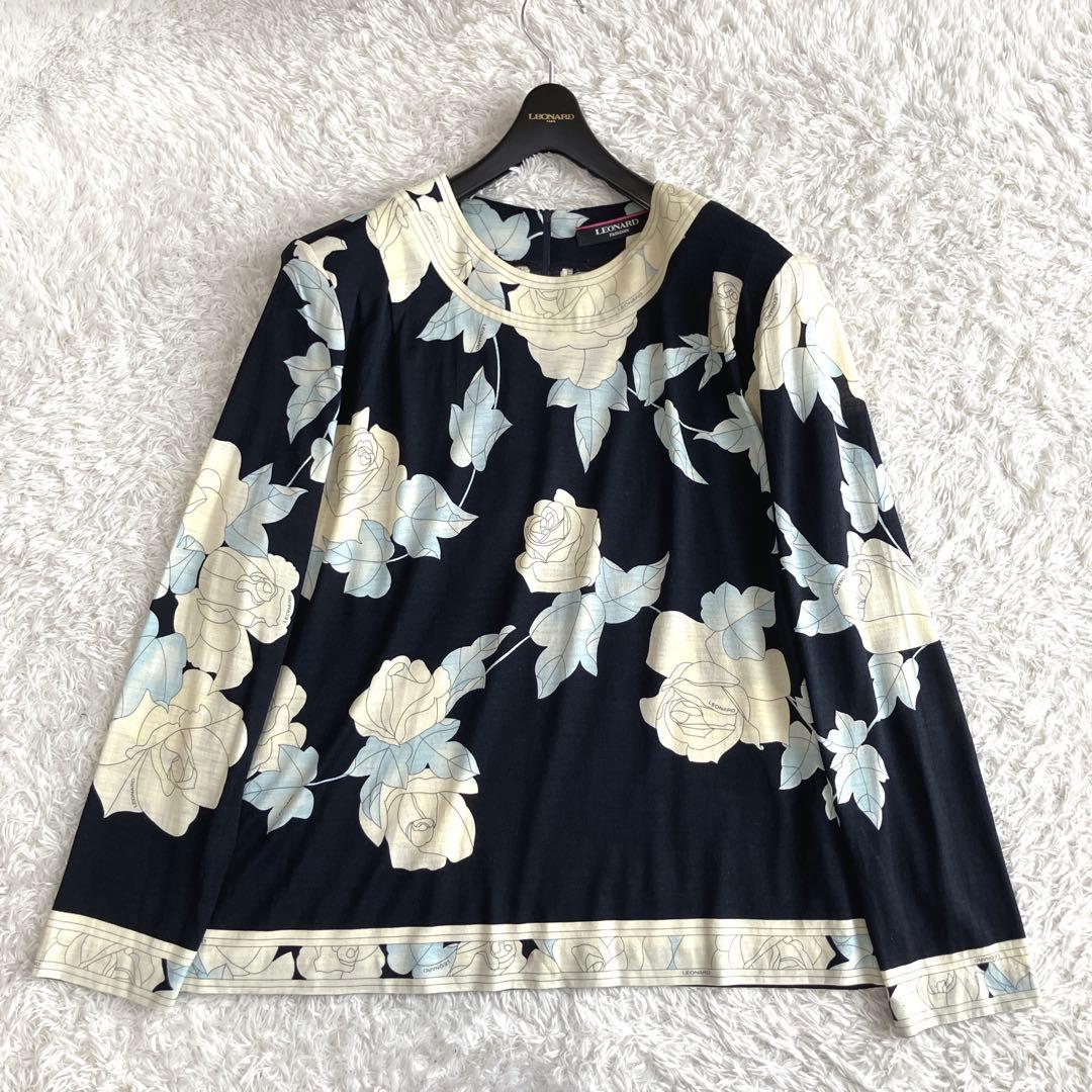 サイズ44✨シルク混 レオナール カットソー トリム 薔薇 花 濃紺 黄 2XL